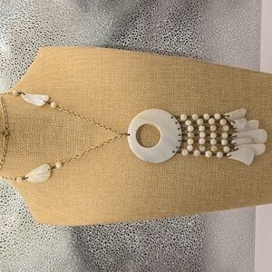 Boho Mother Of Pearl Circle Pendant Glass Beads Fringe Gold Tone Chain Necklace